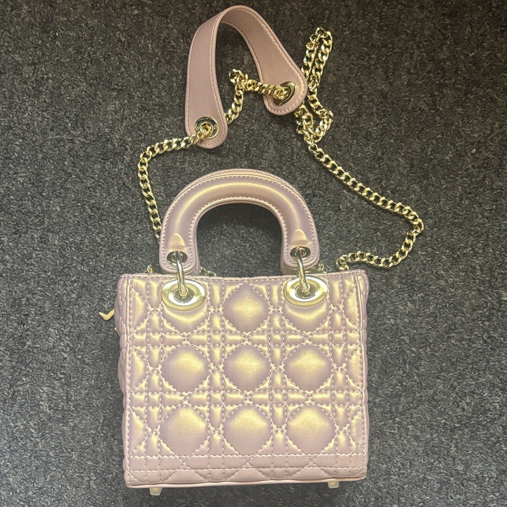 pearlescent pink Quilted Leather Mini Tote with Gold Chain Strap